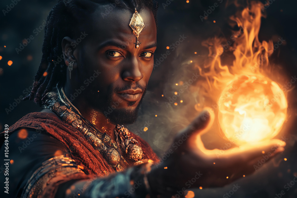 handsome black male , man sorceress casting a fireball spell, fantasy